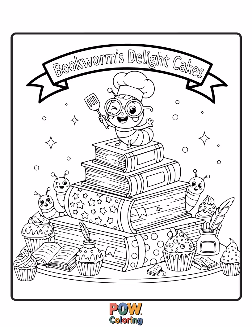 Free coloring page of Cakes cleverly designed to resemble stacks of beloved books, a treat for any literature enthusiast.