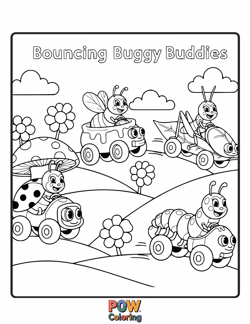 Free coloring page of Small, round cars bouncing happily along a bumpy path, with excited expressions and energetic wheels.