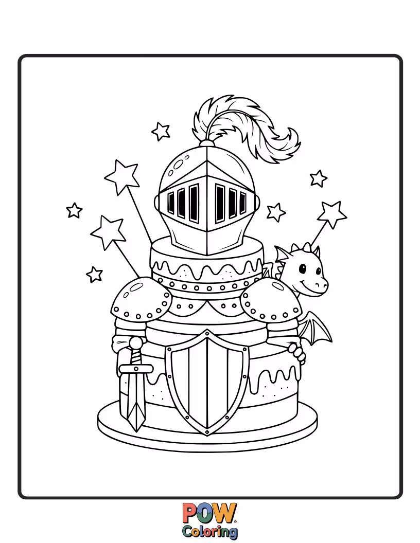 Free coloring page of Majestic castle cakes adorned with knightly shields, swords, and flags for a heroic scene.