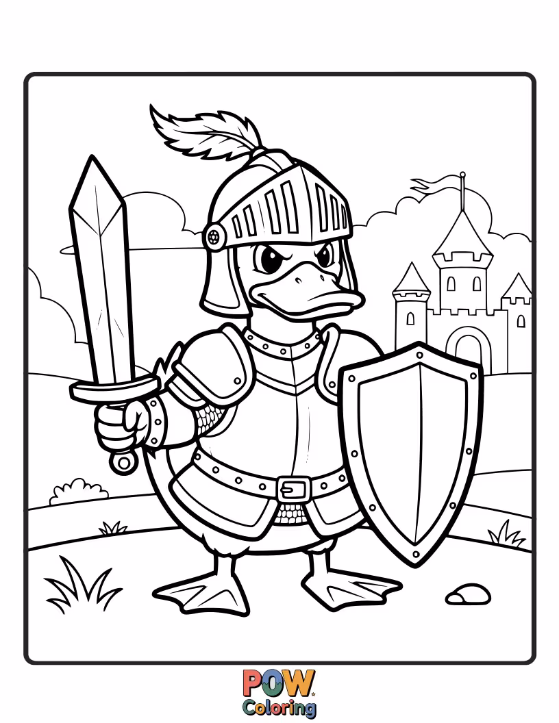 Free coloring page of A courageous duck in shining armor, ready to defend its pond kingdom.
