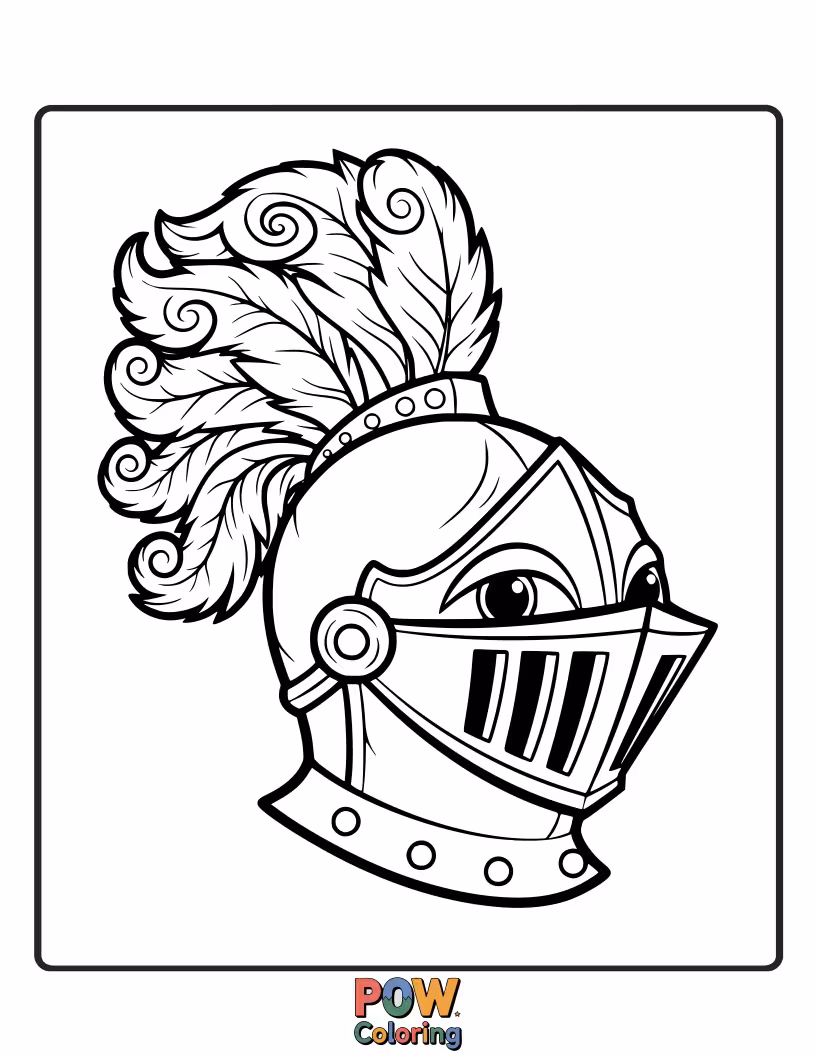 Free coloring page of A sturdy, metallic-looking knight's helmet hat with a brave plume. Ready for epic coloring quests!