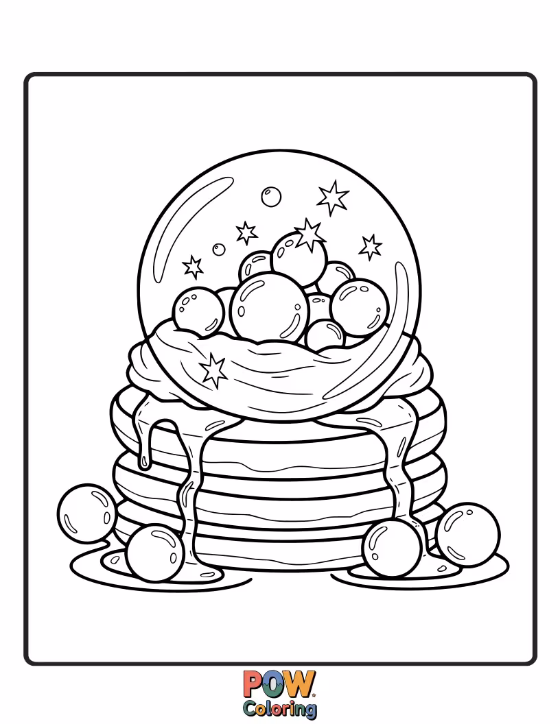 Free coloring page of Pancakes with colorful, oversized bubblegum bubbles bursting around them, creating a fun and playful atmosphere.