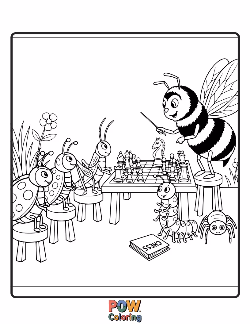 Free coloring page of A friendly bumblebee teaching a ladybug how to move the pawn, buzzing with tiny, enthusiastic instructions.