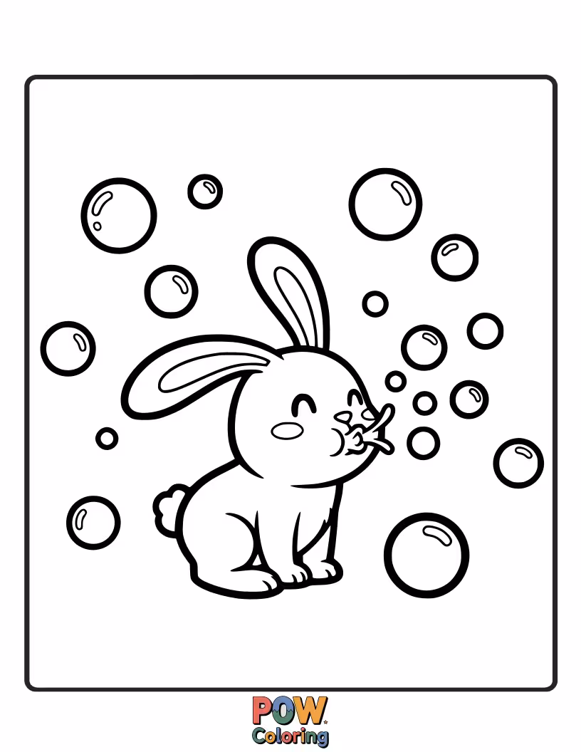 Free coloring page of A giggling bunny chases and pops giant, shimmering bubbles in a park filled with laughter.