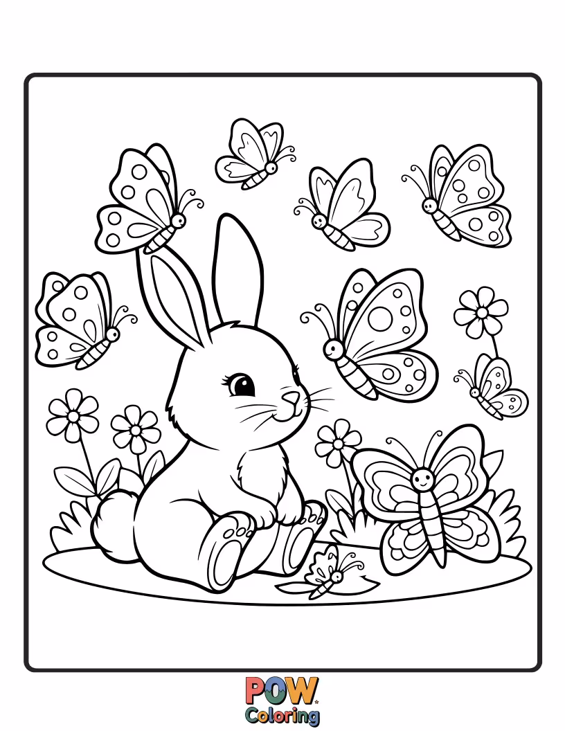Free coloring page of A gentle bunny interacts with a flurry of beautiful, delicate butterflies in a sun-dappled meadow.