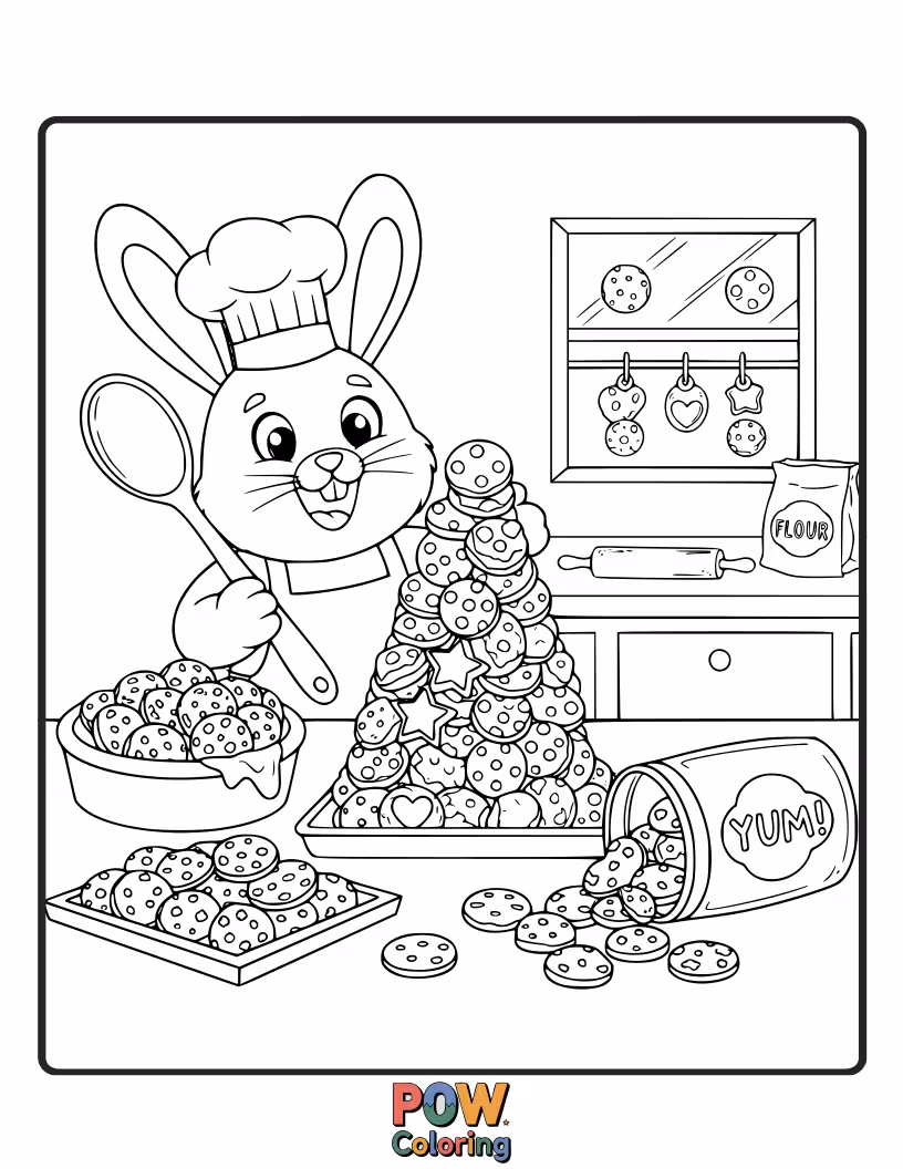 Free coloring page of A very happy bunny is surrounded by an abundance of delicious cookies, with one held comically in its paw.