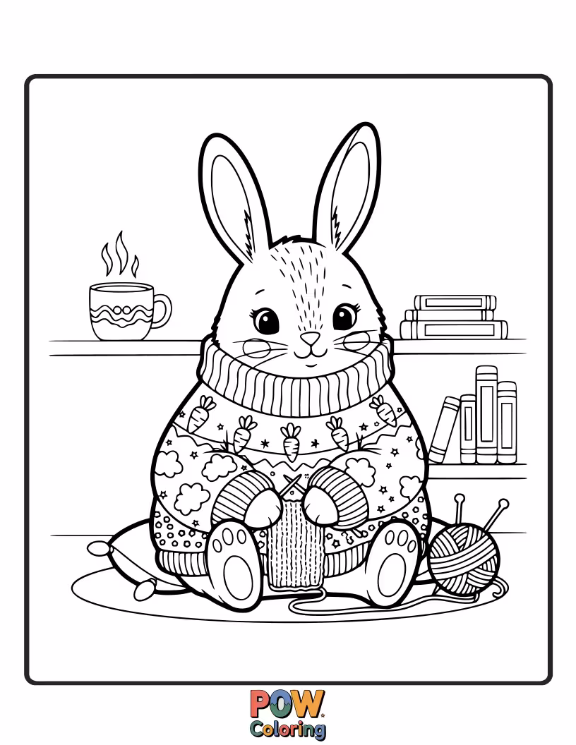 Free coloring page of A warm and snug bunny wears an oversized, patterned sweater, enjoying a cup of hot cocoa.