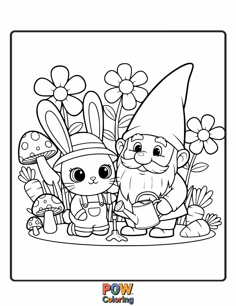 Free coloring page of A friendly bunny shares a secret with a smiling garden gnome in a charming, mossy garden.