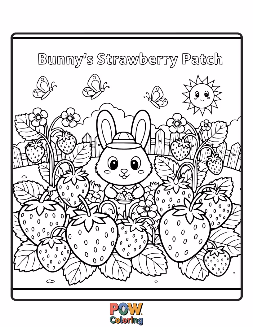 Free coloring page of A delighted bunny nibbles on juicy strawberries in a lush patch, its cheeks full.