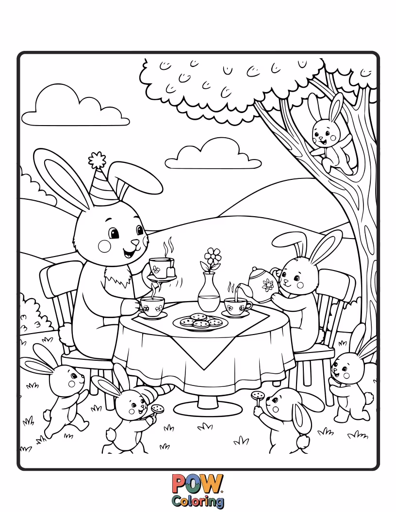 Free coloring page of A sophisticated bunny hosts an elegant tea party with tiny teacups and delicate pastries in a garden setting.