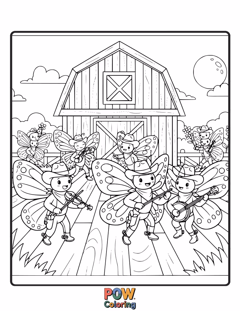 Free coloring page of Colorful butterflies gracefully dancing around a rustic barn filled with music.