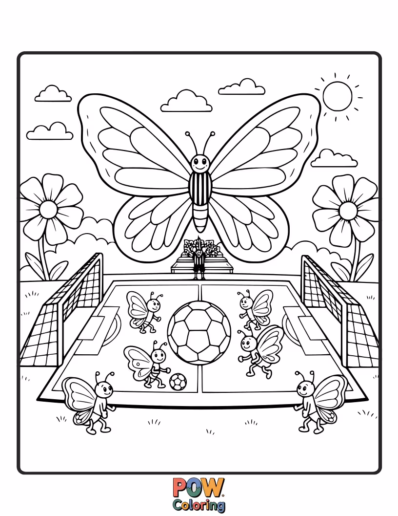Free coloring page of A whimsical football field woven with delicate butterflies and colorful flowers. A beautiful blend of nature and sport.