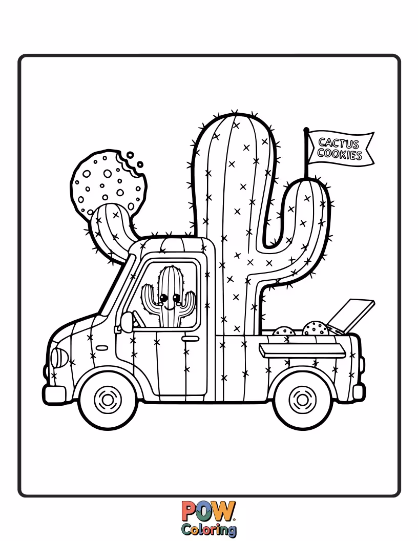 Free coloring page of A unique food truck shaped like a friendly cactus, offering sweet cactus-shaped cookies with a desert backdrop.