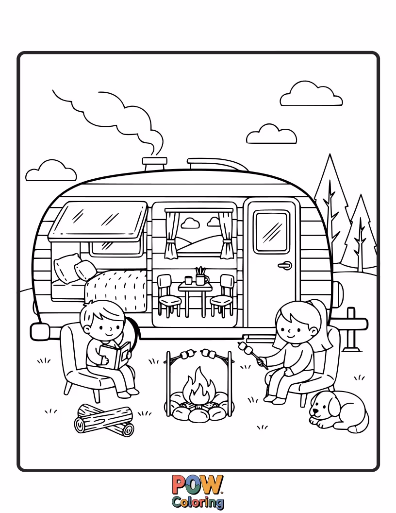 Free coloring page of A cozy vintage camper van parked by a serene lake, with a campfire crackling nearby. Road trip vibes!