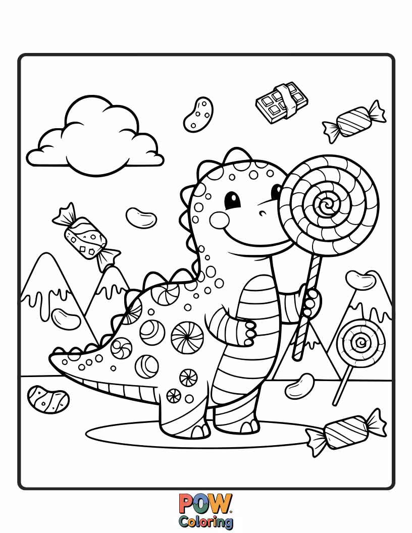 Free coloring page of Roar with delight as friendly dinosaur shapes are crafted from colorful and delicious candies.