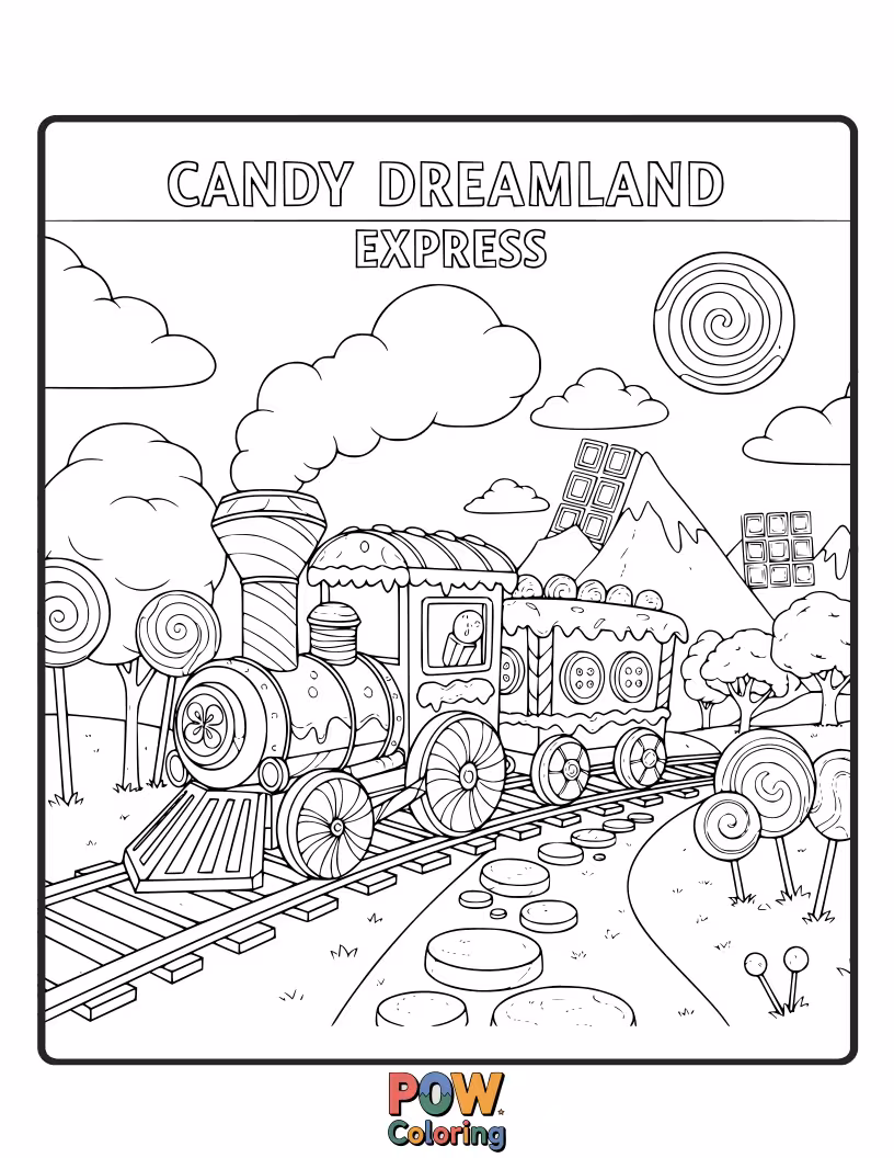 Free coloring page of A whimsical train chugging through a fantastical landscape, made entirely of delightful, edible treats.