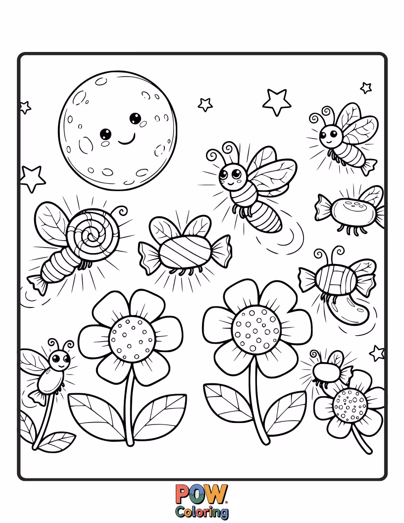 Free coloring page of A magical night scene where glowing candy fireflies illuminate a sweet forest with their gentle light.