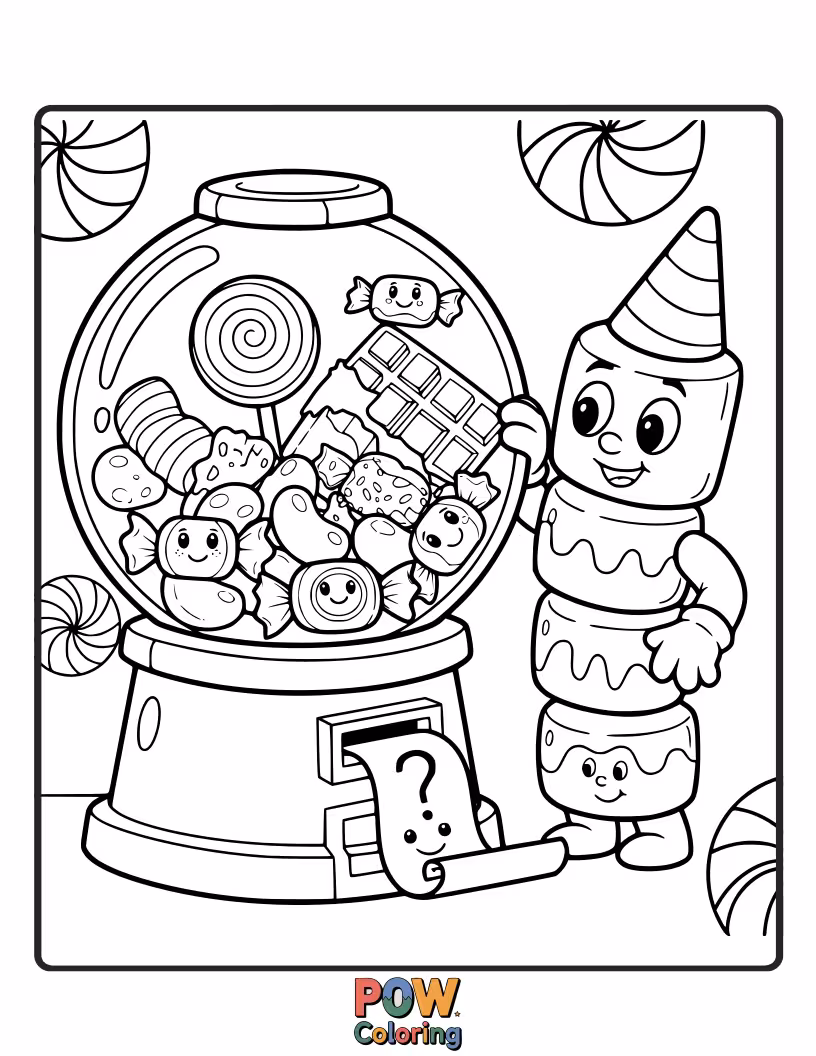 Free coloring page of A mystical candy fortune teller with a crystal candy ball, revealing sweet futures and sugary secrets.