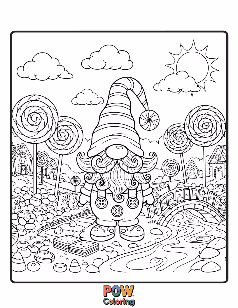 Free coloring page of Mischievous gnomes made of candy, tending to a garden filled with candy flowers and sugary delights.