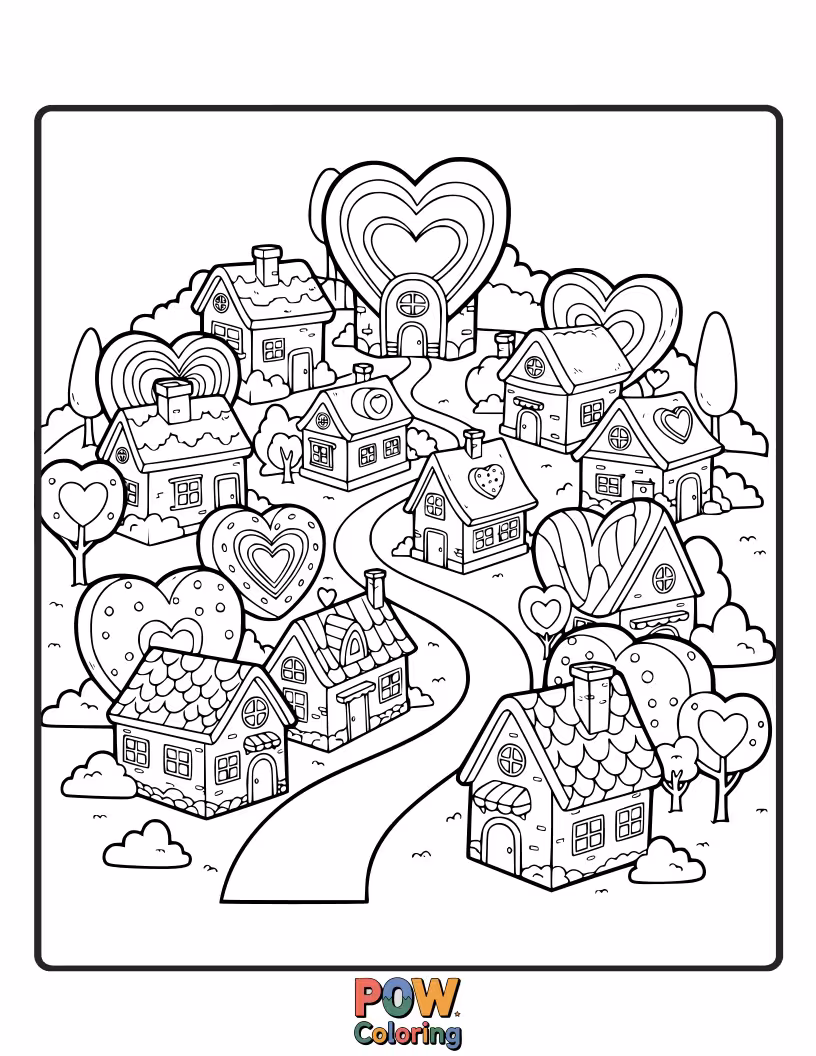 Free coloring page of A charming village where all the houses and inhabitants are shaped like sweet, colorful hearts.