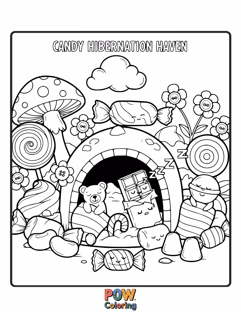 Free coloring page of Cute candy animals snuggling up for a cozy hibernation in a warm, sweet burrow.