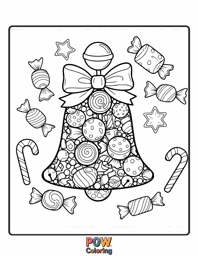 Free coloring page of A festive holiday scene with candy canes and bells, spreading sweet cheer and winter wonder.