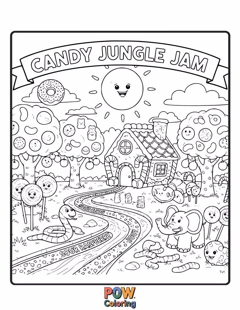 Free coloring page of A lively jungle scene with candy animals swinging from lollipop vines and grooving to jungle beats.