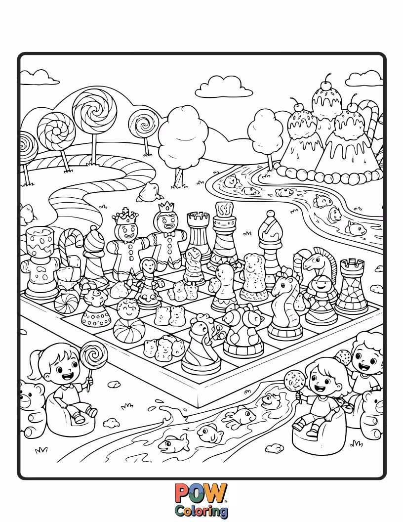 Free coloring page of Chess pieces made of colorful candies, arranged on a board that looks like a giant gingerbread house.
