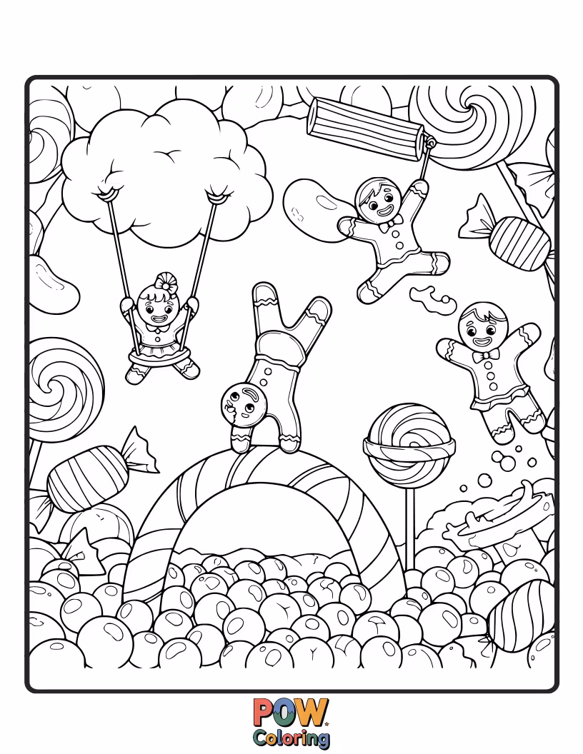Free coloring page of Gymnasts made of candy performing whimsical leaps and spins on a delightful, sweet-themed gymnastics floor.