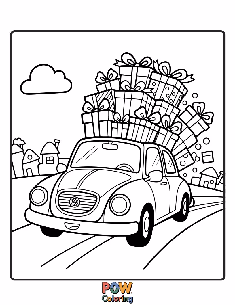 Free coloring page of A cheerful car with its trunk open, filled with colorful presents, ready to spread holiday cheer.