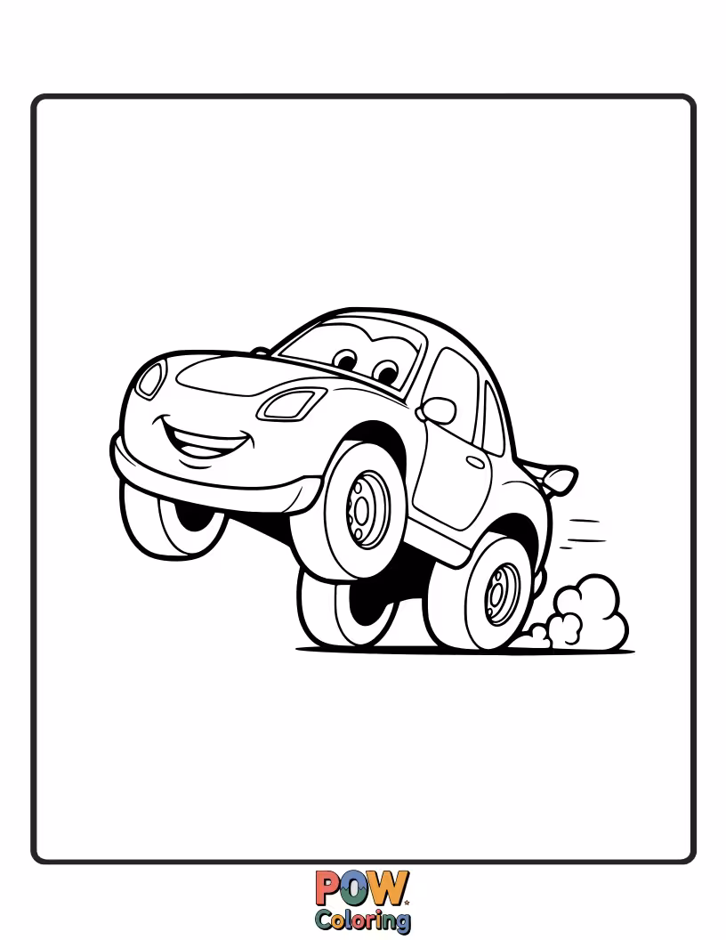 Free coloring page of A mischievous car performing a fun wheelie, with its front wheels in the air and a grin.