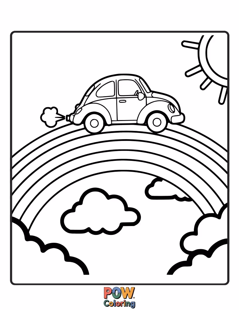 Free coloring page of A car joyfully driving on a bright, vibrant rainbow, leaving a trail of color in its wake.
