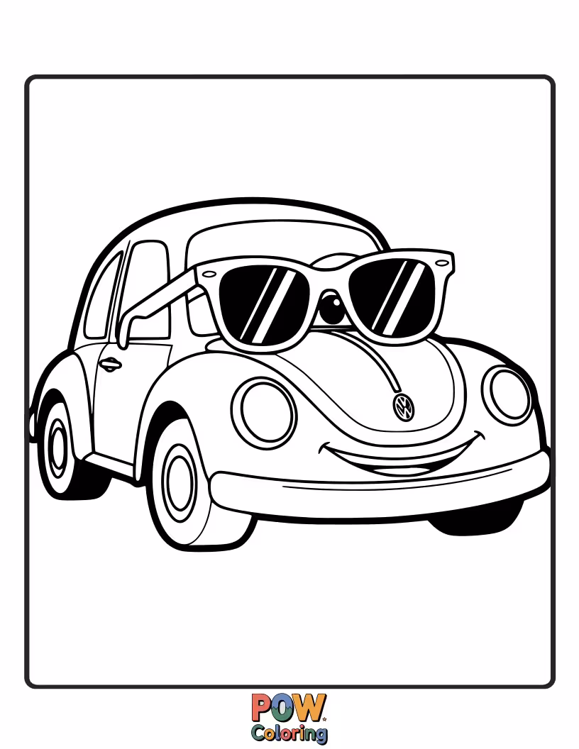 Free coloring page of A cool car sporting oversized, stylish sunglasses, looking super suave and ready to hit the beach.