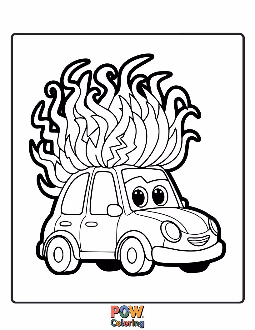 Free coloring page of A car with wild, windblown hair made of colorful flames or clouds, looking like it just had an adventure.