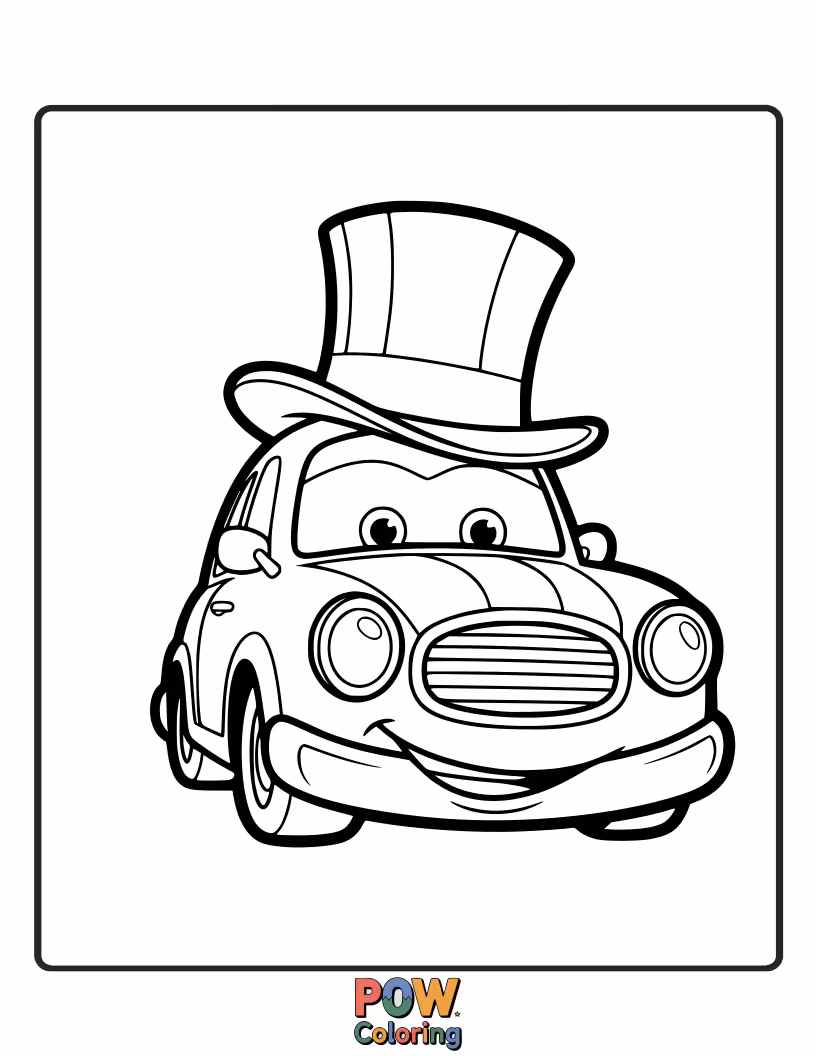 Free coloring page of A distinguished car wearing a tall, elegant top hat, ready for a sophisticated journey.