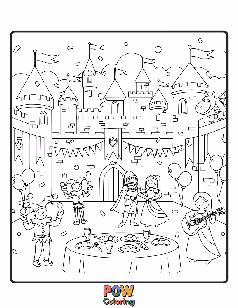 Free coloring page of A joyful scene of the kingdom celebrating in the castle courtyard after Cinderella's marriage.