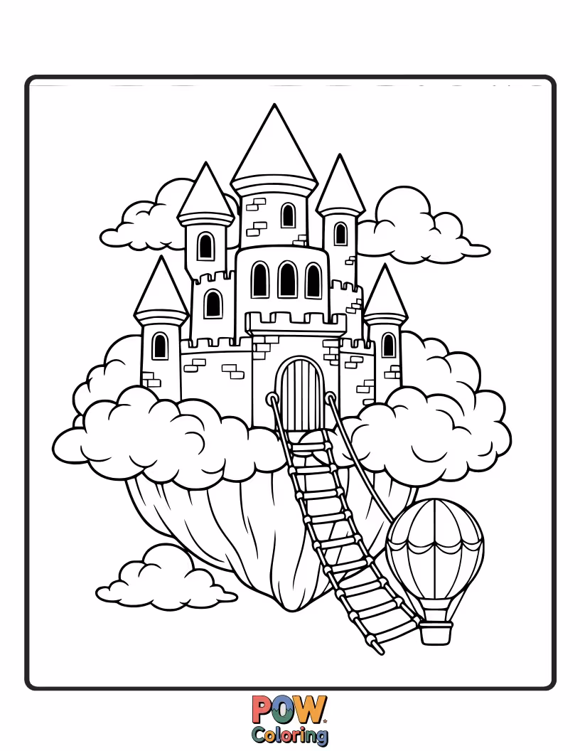 Free coloring page of A majestic castle is suspended from a giant, ornate hot air balloon, floating serenely above fluffy white clouds.