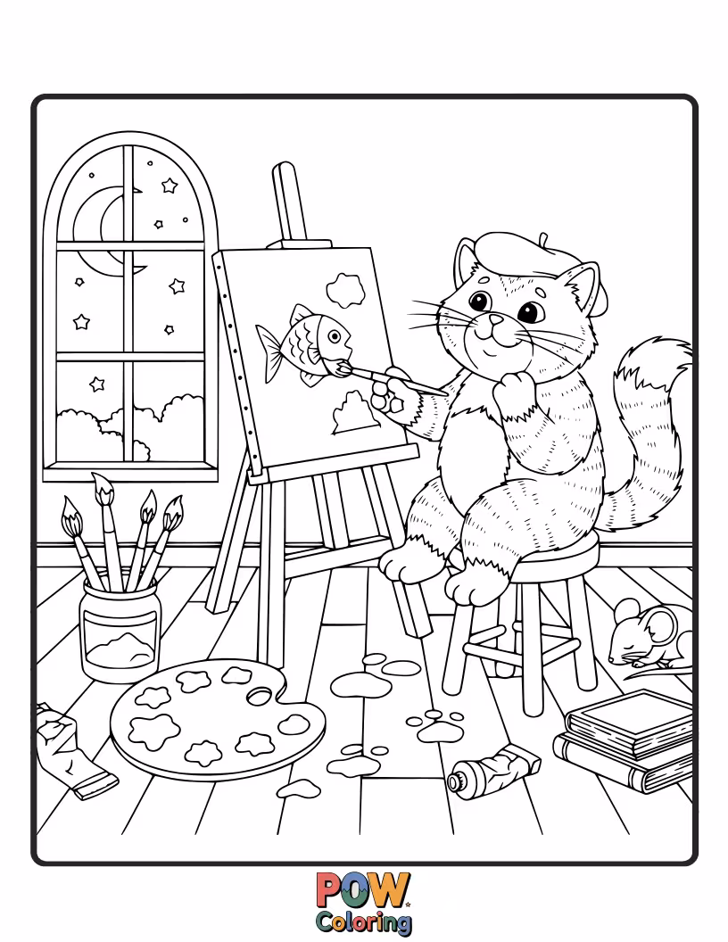 Free coloring page of A creative cat with paint splatters on its fur, enthusiastically painting a colorful abstract masterpiece on a canvas.