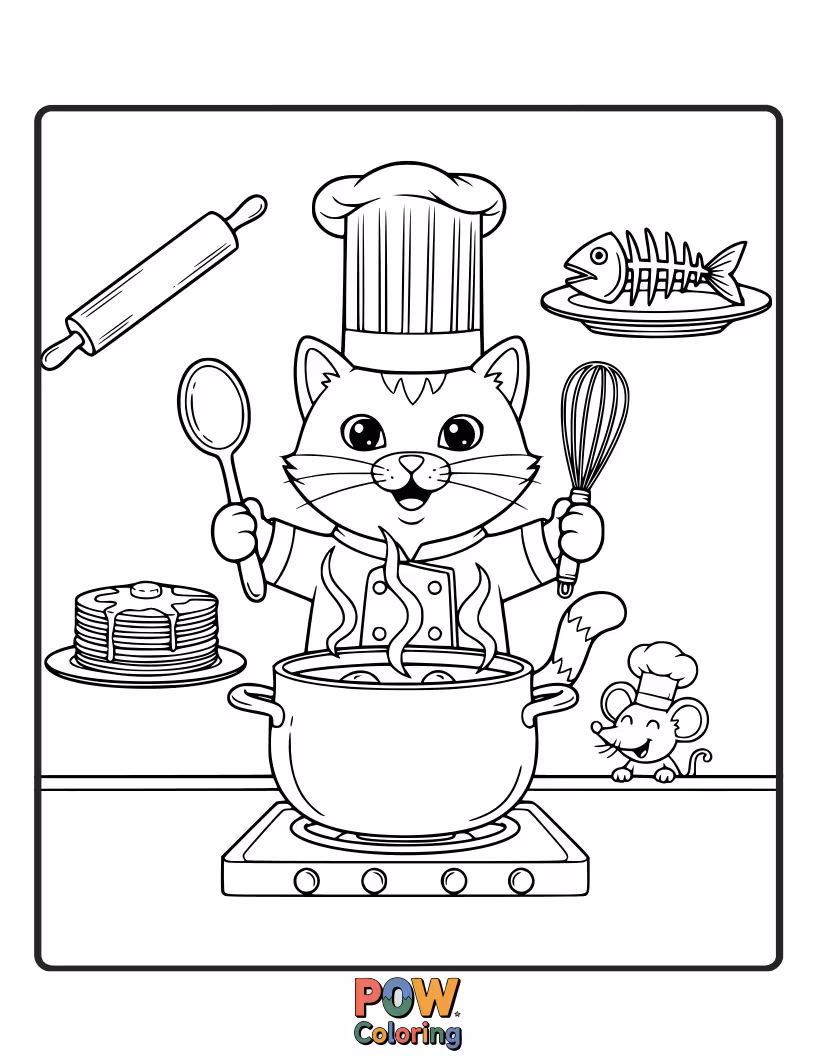 Free coloring page of A fluffy cat in a chef hat, proudly presenting a gigantic, slightly lopsided cake with colorful frosting.