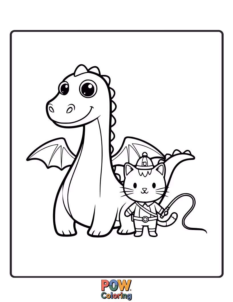 Free coloring page of A brave cat playfully nudging a miniature, friendly dragon, showing no fear in this unusual friendship.