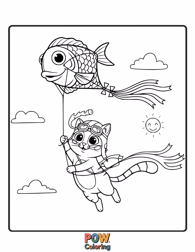 Free coloring page of A happy cat with windblown fur, joyfully flying a colorful kite shaped like a butterfly.