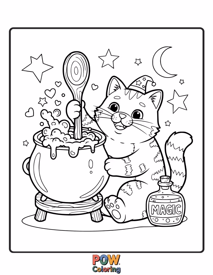 Free coloring page of A whimsical cat stirring a bubbling cauldron filled with sparkling liquids and enchanted ingredients.