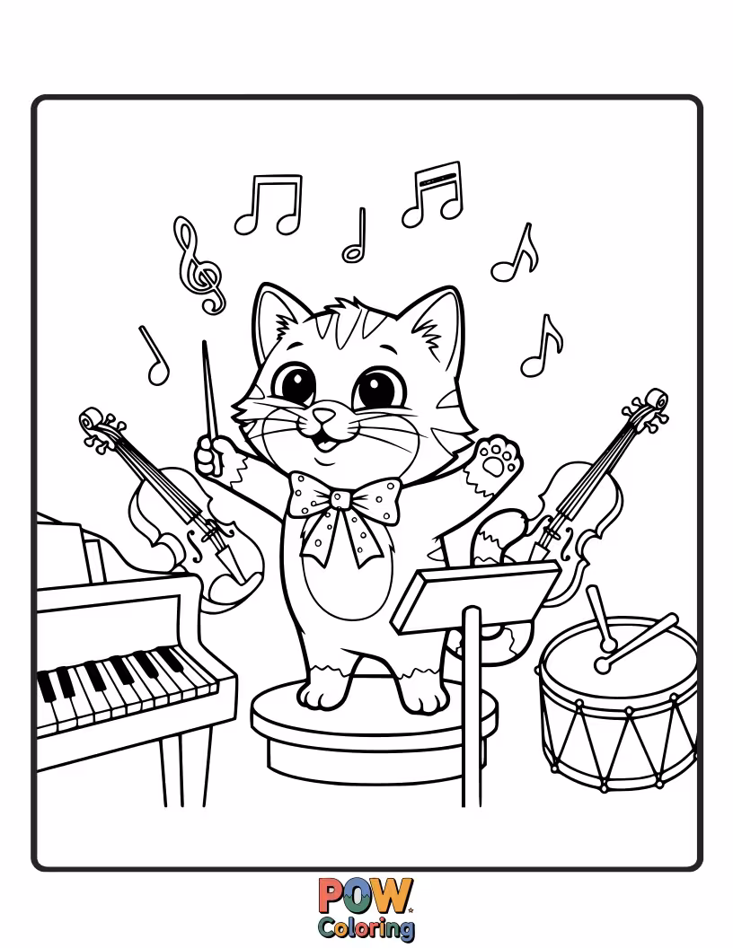 Free coloring page of A sophisticated cat wearing a bow tie, conducting an orchestra of small woodland creatures with a tiny baton.