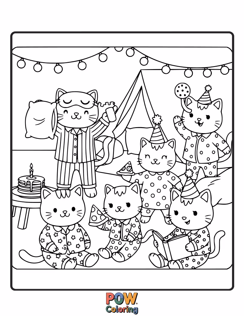 Free coloring page of A group of sleepy cats in adorable pajamas, gathered for a cozy nighttime celebration with milk and cookies.