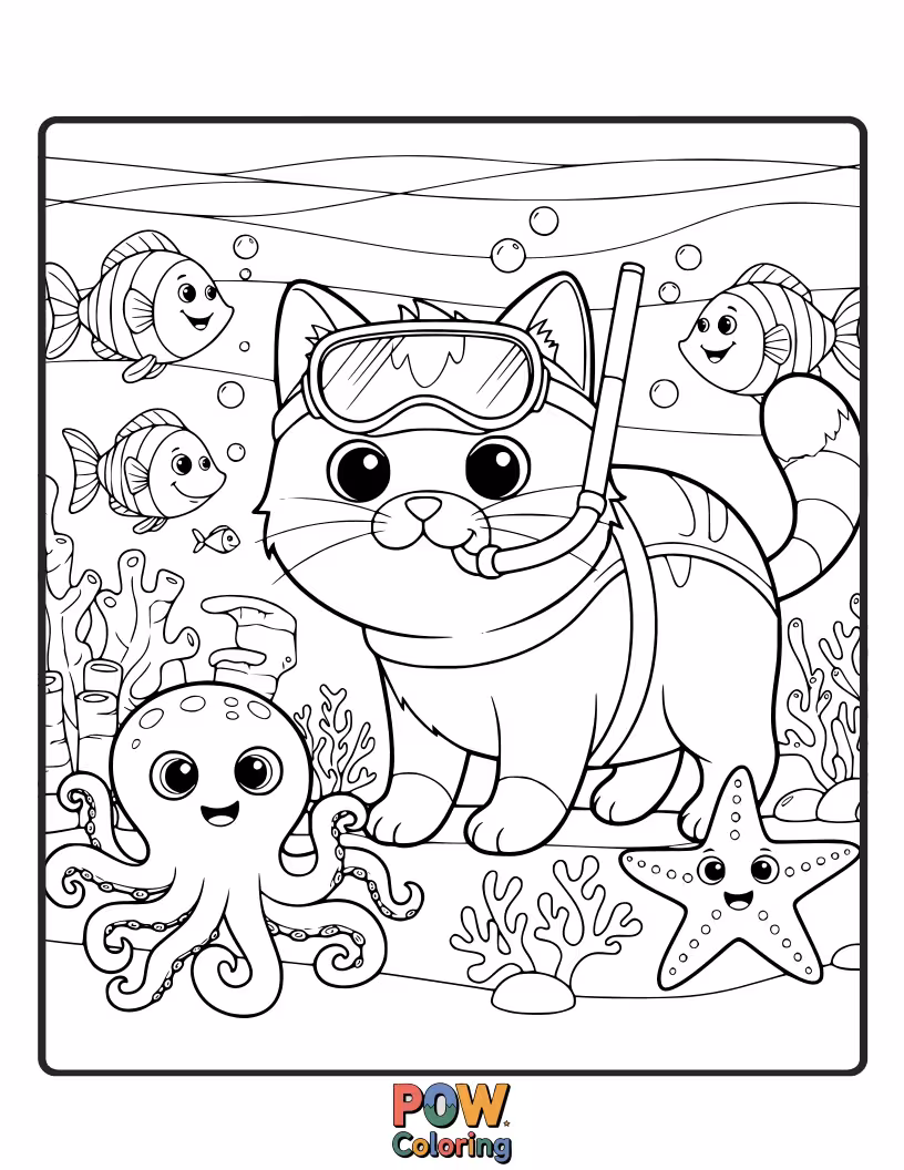 Free coloring page of A playful cat in a diving helmet, swimming with colorful fish and coral reefs in an underwater world.