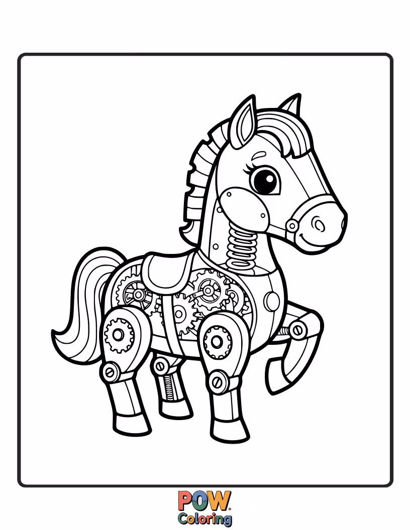 Free coloring page of An intricate horse made of antique clock parts, gears, and springs, standing regally.