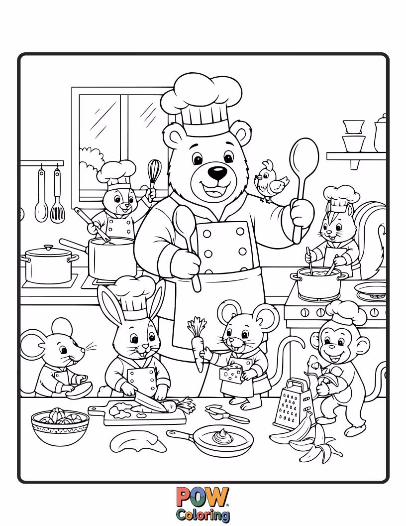 Free coloring page of An adorable chef working alongside cute animal companions who are playfully assisting with tasks like whisking and chopping.