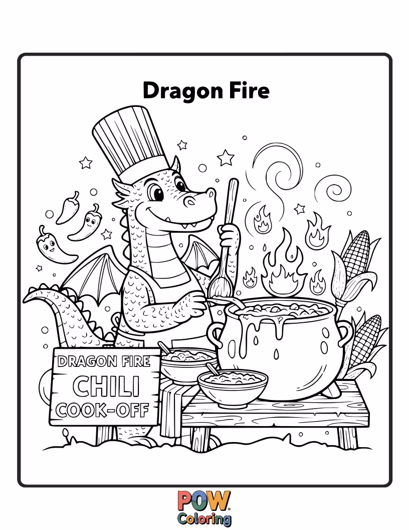Free coloring page of A brave chef cooking a fiery chili with a friendly baby dragon breathing gentle flames to add to the heat.