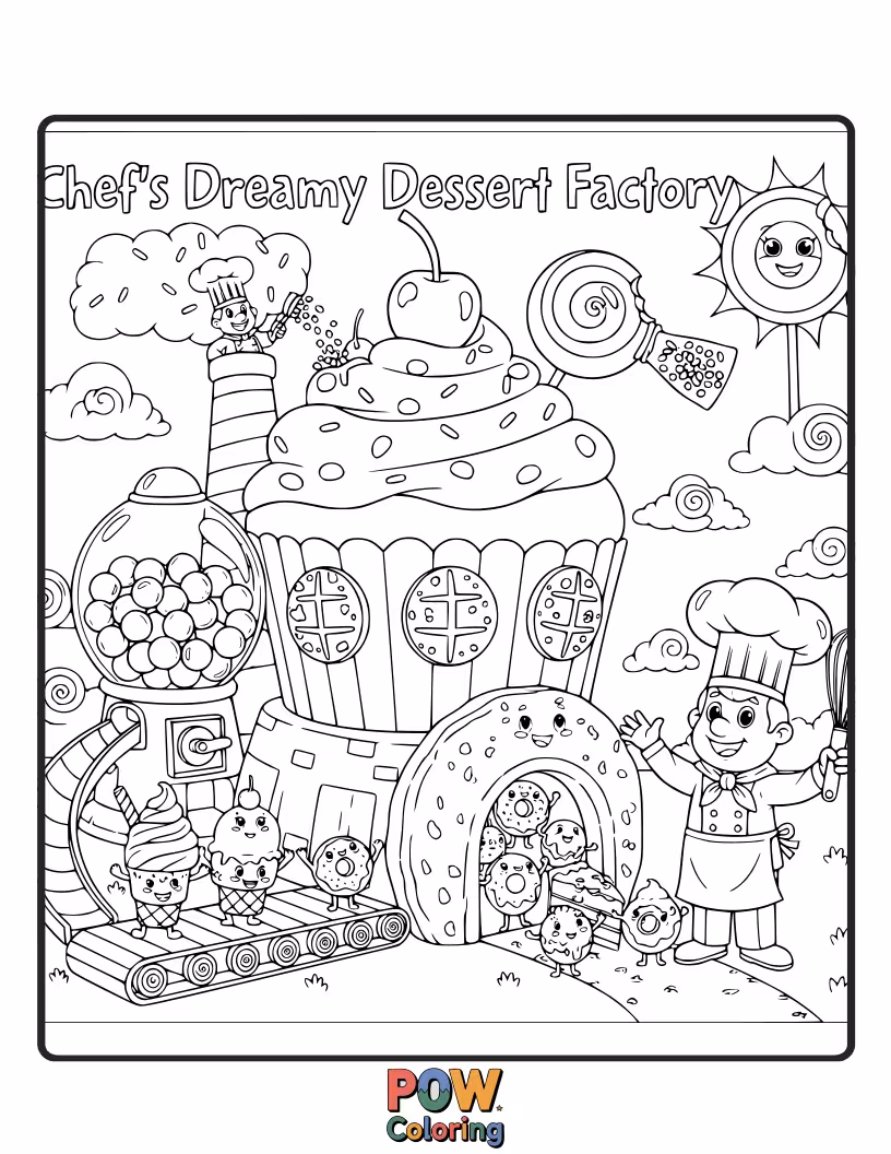 Free coloring page of A smiling chef orchestrating a whimsical dessert factory with rivers of chocolate, lollipop trees, and frosting clouds for sweet creations.