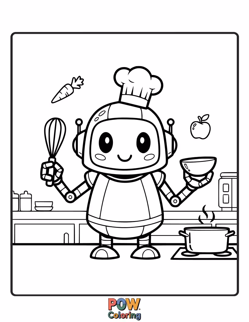 Free coloring page of A smart chef collaborating with a friendly, clunky robot chef to prepare a futuristic feast with blinking lights and gears.